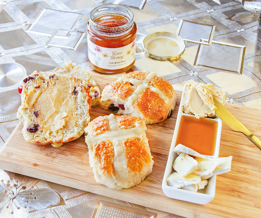 Hot Cross Buns with Spiced Cape Coastal Raw Honey Butter