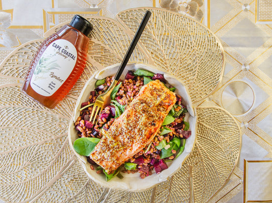 Cape Coastal Fynbos Honey Mustard grilled Salmon with Spelt